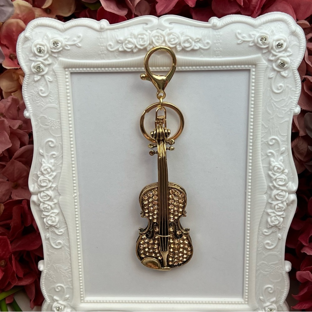 Beautiful Antiqued Gold and Crystal Viola Keychain Charm - Picture 4 of 13